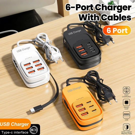 6-in-1 USB Charging Station – 3x USB-C PD & 3x USB-A, EU/UK/US Plug
