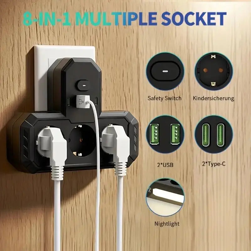 EU Wall Power Strip – 4 Outlets, Compact & Direct Plug-In