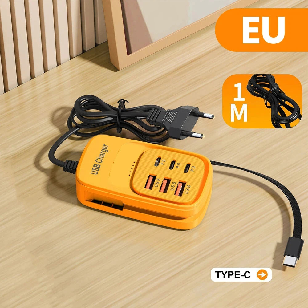 6-in-1 USB Charging Station – 3x USB-C PD & 3x USB-A, EU/UK/US Plug