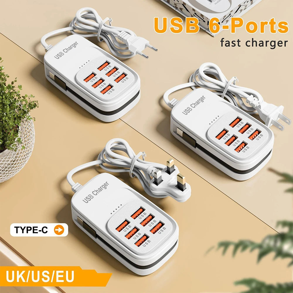 6-in-1 USB Charging Station – 3x USB-C PD & 3x USB-A, EU/UK/US Plug