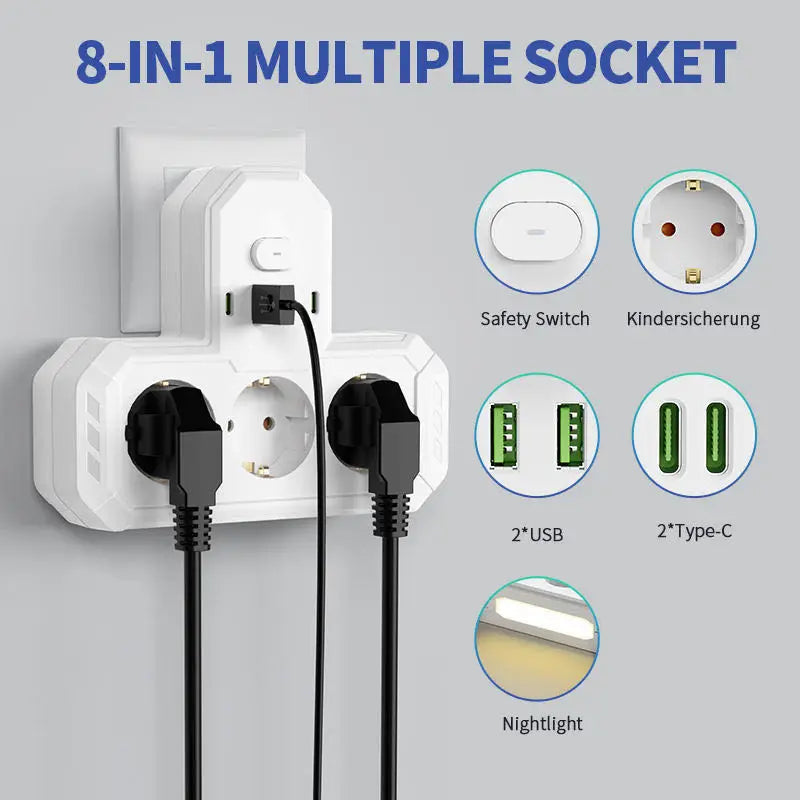 EU Wall Power Strip – 4 Outlets, Compact & Direct Plug-In