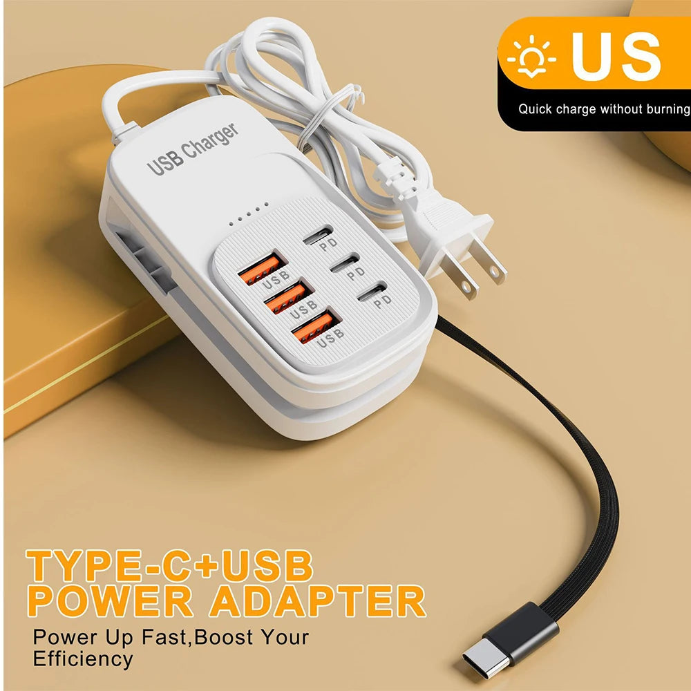 6-in-1 USB Charging Station – 3x USB-C PD & 3x USB-A, EU/UK/US Plug