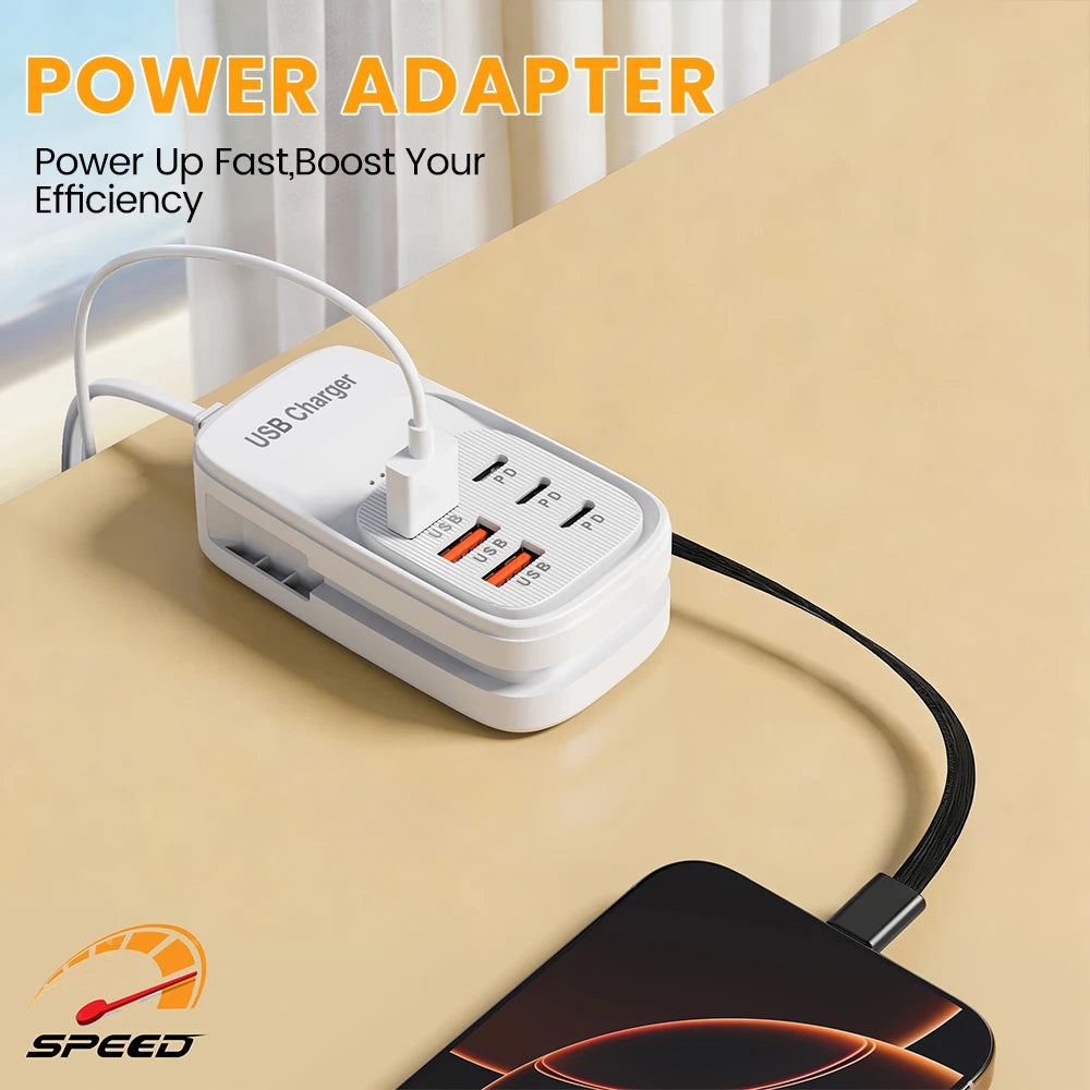 6-in-1 USB Charging Station – 3x USB-C PD & 3x USB-A, EU/UK/US Plug