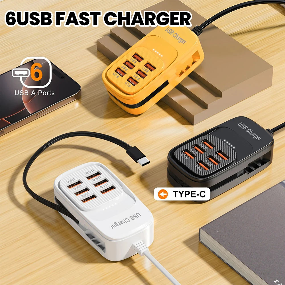 6-in-1 USB Charging Station – 3x USB-C PD & 3x USB-A, EU/UK/US Plug