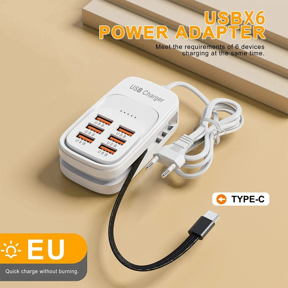 6-in-1 USB Charging Station – 3x USB-C PD & 3x USB-A, EU/UK/US Plug
