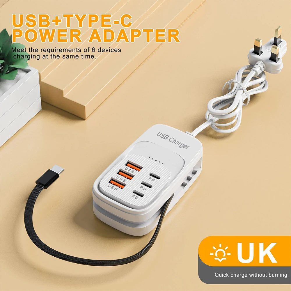 6-in-1 USB Charging Station – 3x USB-C PD & 3x USB-A, EU/UK/US Plug