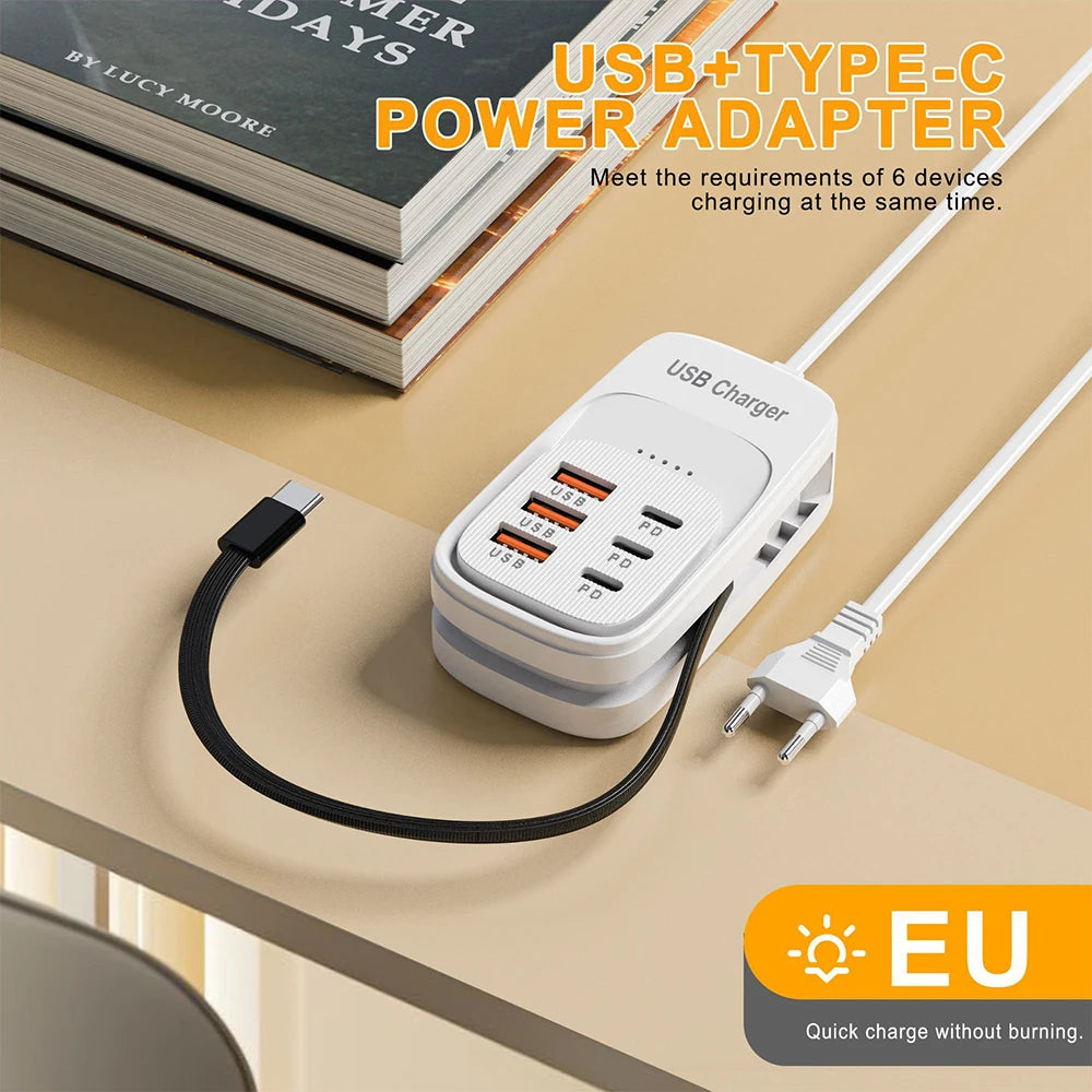 6-in-1 USB Charging Station – 3x USB-C PD & 3x USB-A, EU/UK/US Plug