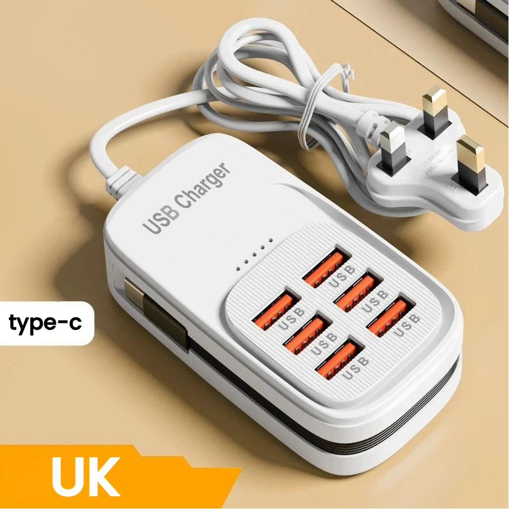 6-in-1 USB Charging Station – 3x USB-C PD & 3x USB-A, EU/UK/US Plug